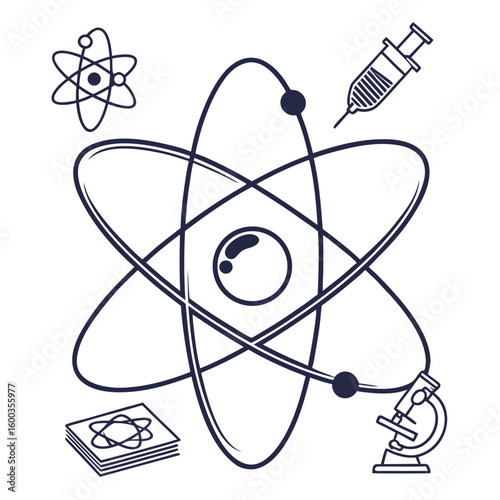 Atomic structure science icons with microscope and syringe