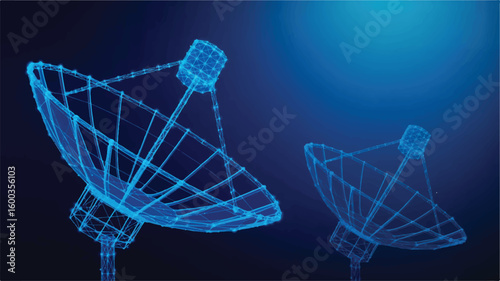 Network Satellites: An eye-level, futuristic, digitally rendered illustration of a network satellites on a dark-blue backdrop.