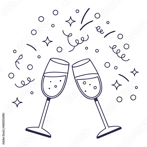 Celebration champagne glasses clinking with confetti and stars vector