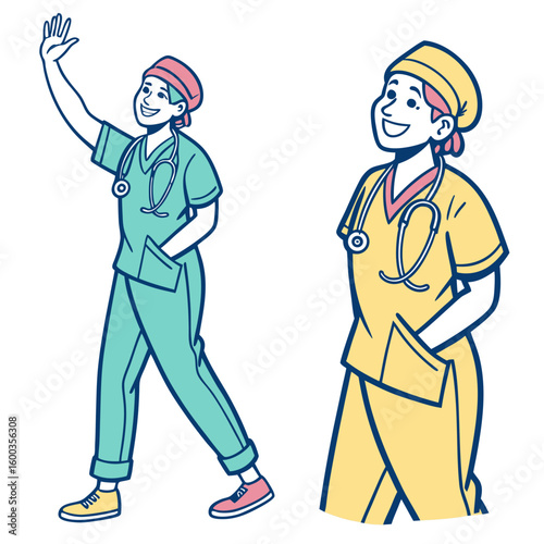 Cheerful doctor in scrubs waving hello medical healthcare