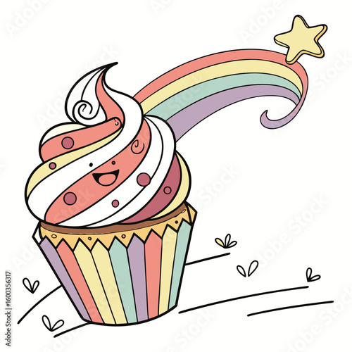 Cheerful cupcake with rainbow frosting and star dessert sweet