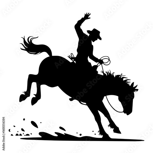 Vector silhouette illustration of a rodeo bucking bronco and rider isolated on white