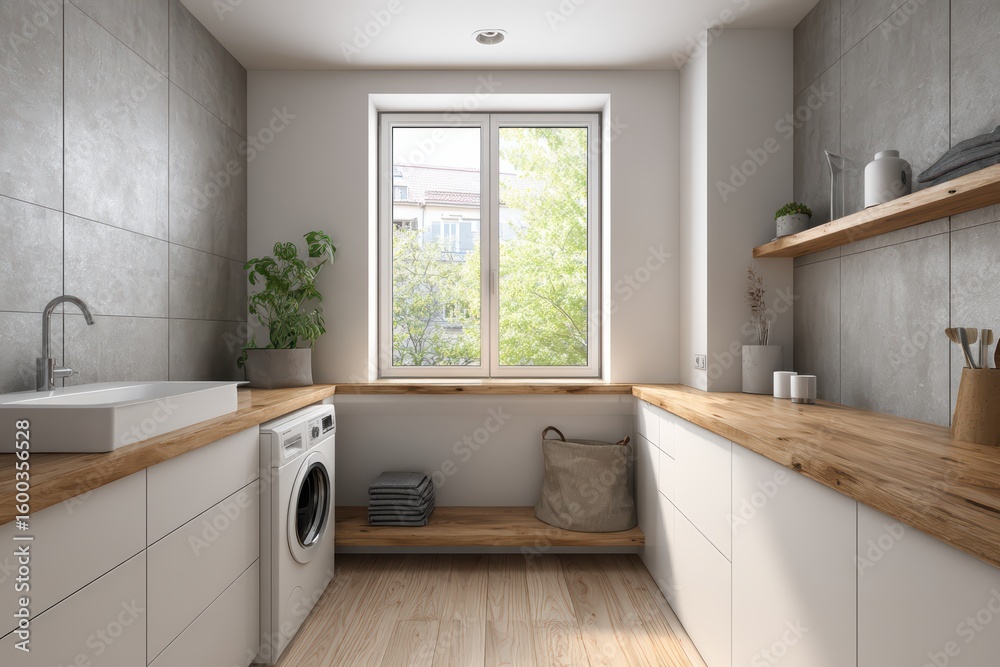Fototapeta premium Modern minimalist bathroom with gray textured tiles, wooden countertop, and integrated washing machine. Features single-handle faucet, potted plants, and natural light through glass window.