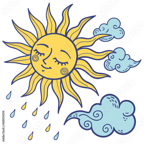 Cheerful sun with closed eyes raining near blue clouds yellow