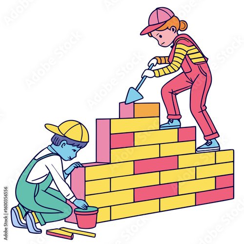Children building colorful brick wall construction bricklaying
