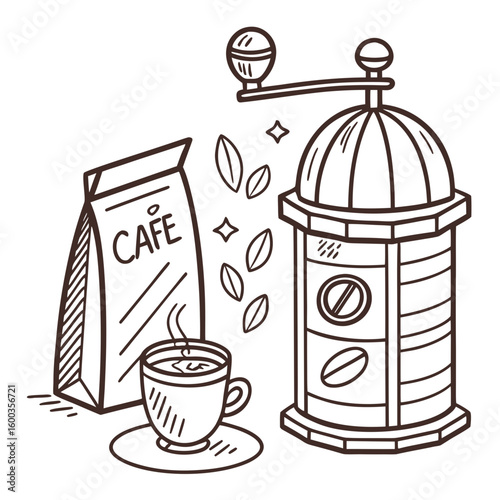 Coffee cup bag and grinder with beans cafe