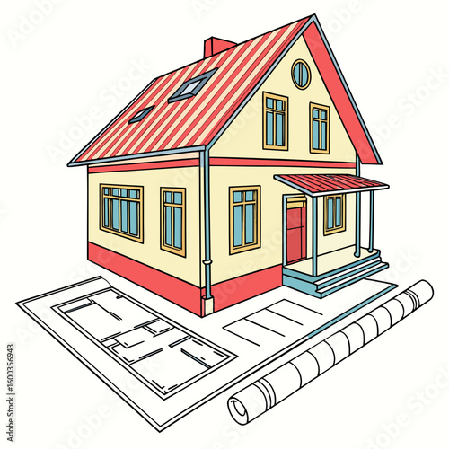 Colorful house blueprint with rolled plans architecture