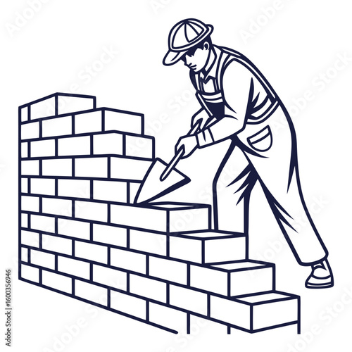 Bricklayer building wall with trowel construction bricks