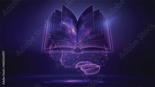 Cosmic Book and Human Brain: A captivating image of an open book radiating with a nebula-filled pages, interconnected with a human brain, symbolizing the vastness of knowledge and imagination.