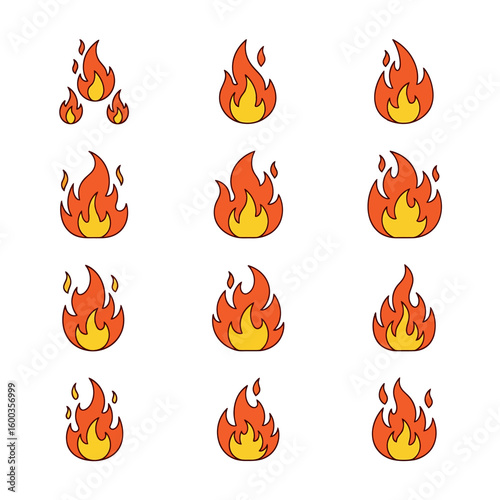 Collection of burning fire flame icons and symbols illustrating elements of heat and danger