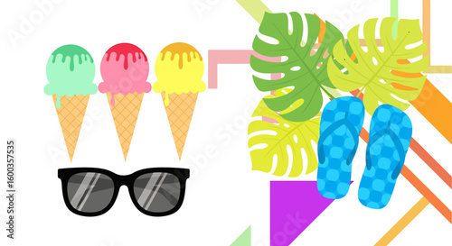 Set of colorful vector summer vacation icons featuring flip flops, hats, and sunglasses, perfect for beach holiday illustrations