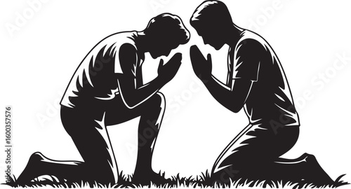 Two Men Kneeling in Prayer Silhouette Vector Illustration on Transparent