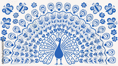Illustration of a peacock with butterflies and flowers in a blue and white color scheme design silhouette