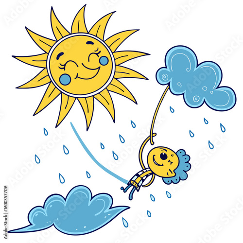 Cheerful sun and blue clouds with raining child yellow
