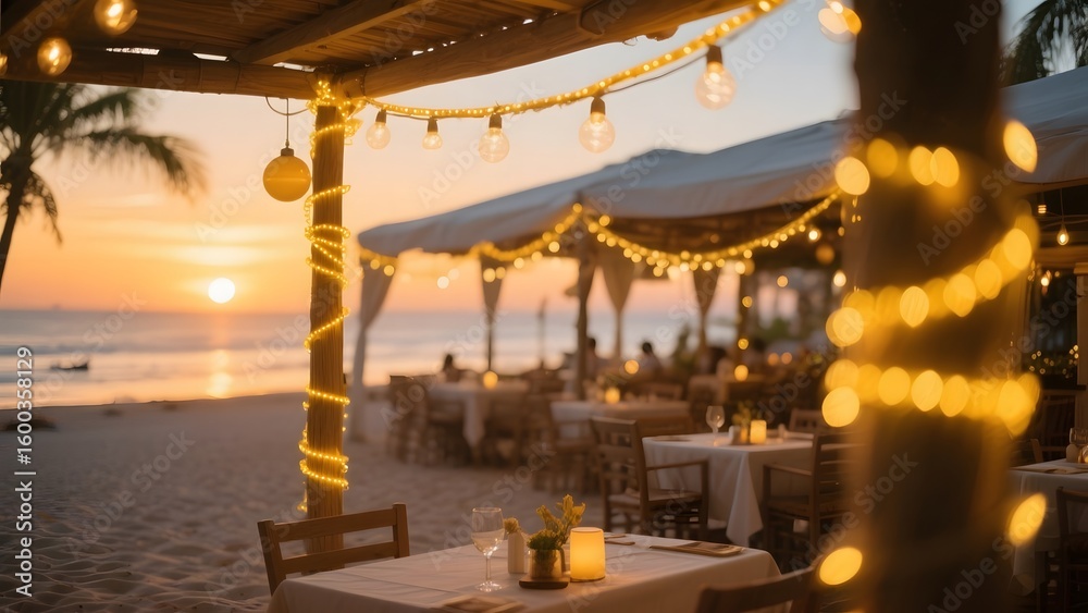 Fototapeta premium Beachside Dining at Sunset with String Lights and Wooden Structures