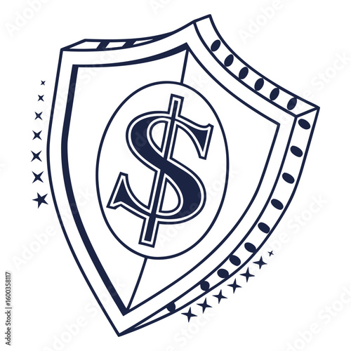 Dark blue dollar sign within shield emblem with stars protection security