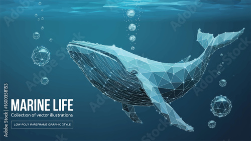 Whale Underwater: A digital artwork showcases a low-poly whale gracefully navigating the depths of the ocean, bubbles gently rising towards the surface.