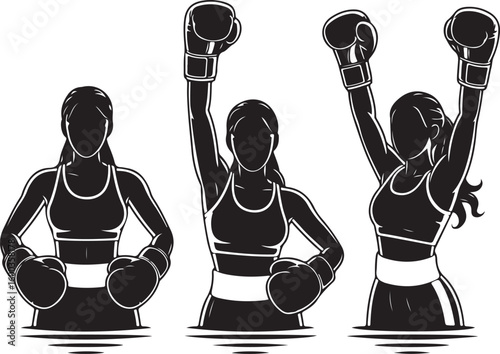 Silhouette Collection of Female Boxers Celebrating Victory on Checkered Area
