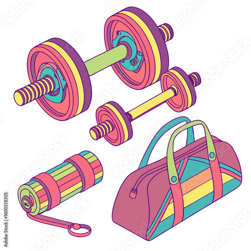 Colorful gym equipment and duffel bag dumbbells weights
