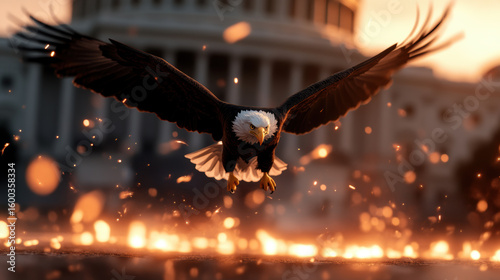 Stylized bald eagle landing gracefully amidst backdrop of fireworks illuminating grand building, evoking sense of majesty and celebration