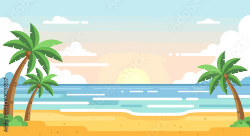 A vibrant tropical beach scene with swaying palm trees, an inviting ocean, and golden sand perfect for a summer vacation
