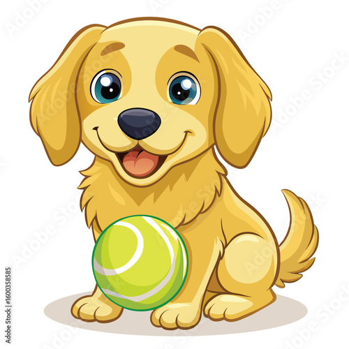 A joyful playful golden retriever puppy, happily holding a yellow tennis ball, full of energy and cuteness.