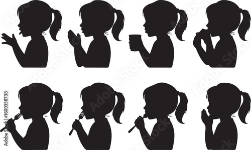 Silhouette of a Little Girl Eating Food with Joyful Expression Vector Art