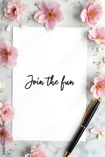 Elegant pink blossoms frame a blank white card Join the fun and create your own beautiful design, vertical composition.