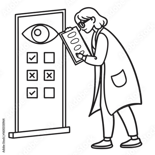 Doctor examining eye chart with patient responses eye exam vision test