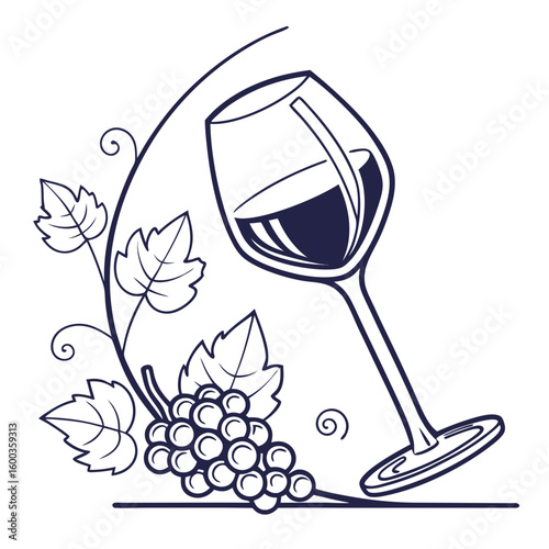Elegant wine glass with grapes and leaves drink beverage