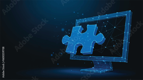 Puzzle Solution on Screen: A digital representation of a jigsaw puzzle piece emerging from a computer monitor, symbolizing a technological solution.