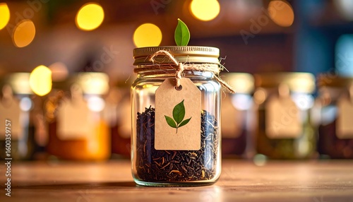 Glass jar of tea with tag and sprout