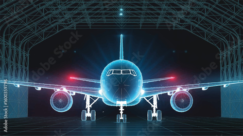 Blueprint of Flight: A detailed, futuristic blueprint of an airplane, showcasing its intricate design and technological prowess against the backdrop of a dark hangar.