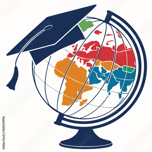 Globe with graduation cap and colorful continents education world