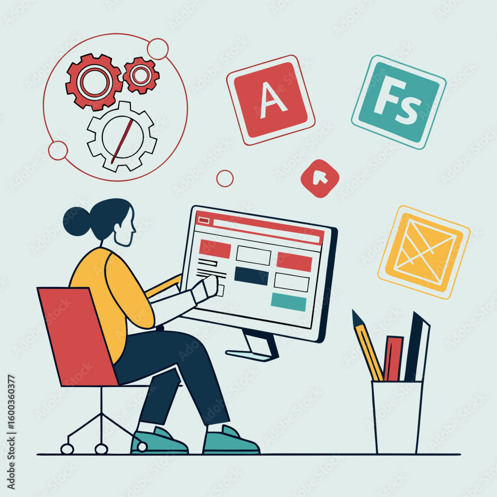 Designer working with creative tools and software computer