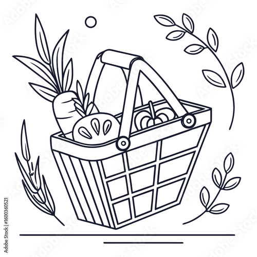 Grocery basket filled with fresh produce and leafy branches shopping food