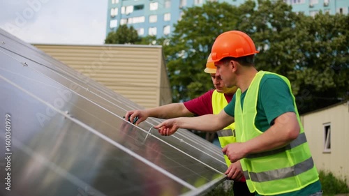 Close-up of engineers fine-tuning a solar power system for efficient energy conversion from sunlight as part of a sustainable and eco-friendly electricity solution. High quality 4k footage