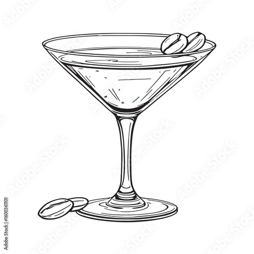 Espresso Martini cocktail with coffee bean garnish line art illustration vector style drink