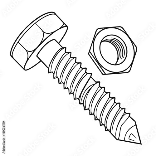 Hexagonal bolt and nut mechanical fasteners screw threaded