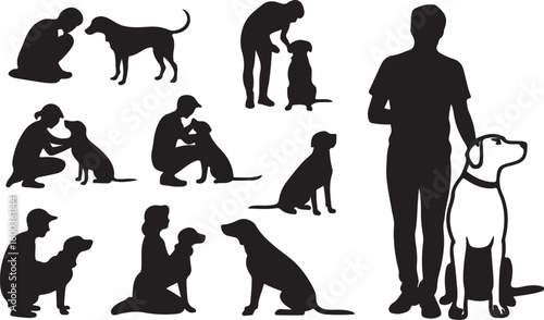Silhouette Set of People Interacting with Dogs in Various Positions
