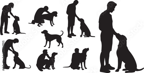 Silhouette Collection of People Petting and Training Dogs in Various Poses