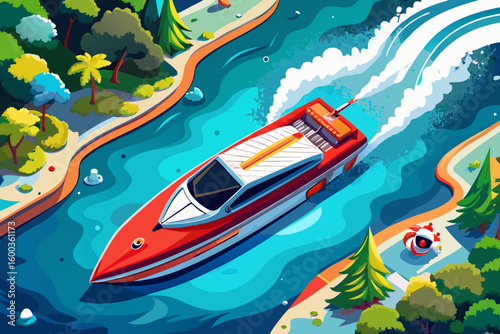 vector of Aerial view of a fast motor boat in the open sea, a beautiful scene...