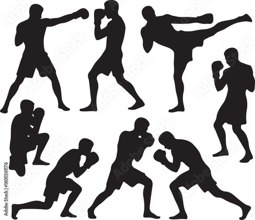Silhouette Collection of Boxers Practicing Punches and Kicks in Action