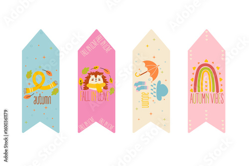 Cute printable bookmarks for kids with forest animal. Autumn vector template set with hedgehog for reading