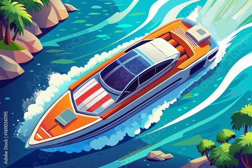 vector of Aerial view of a fast motor boat in the open sea, a beautiful scene...
