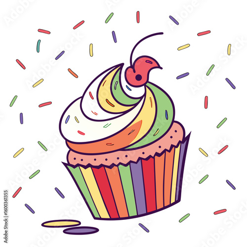 Festive cupcake with rainbow frosting and cherry dessert