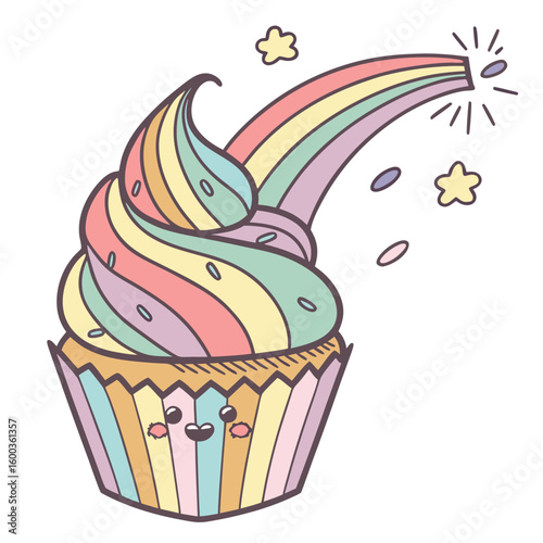 Kawaii cupcake with rainbow frosting and stars cute
