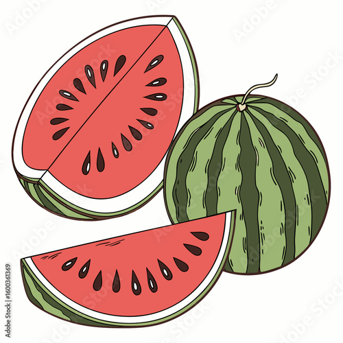 Juicy watermelon slices with seeds and rind fruit green