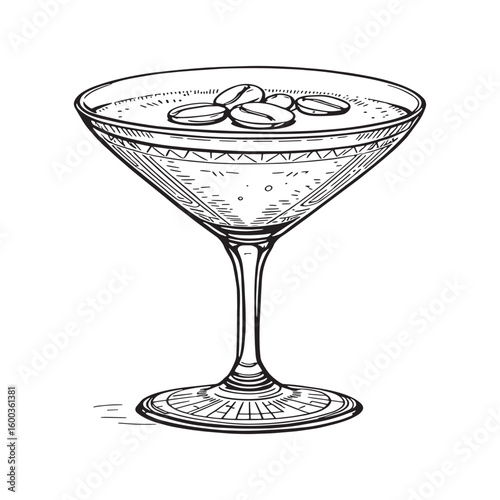 Espresso Martini cocktail with coffee bean garnish line art minimalist sketch coffee theme