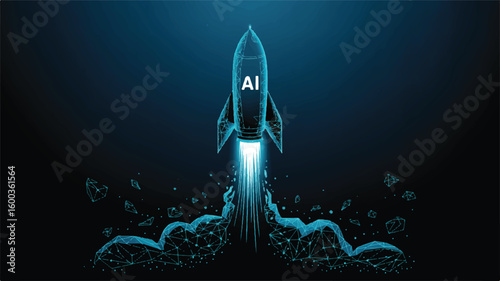 AI Rocket Ascent: A futuristic illustration showcases a rocket launching into space, its trail forming from the word AI, symbolizing the rapid growth and advancement of Artificial Intelligence.